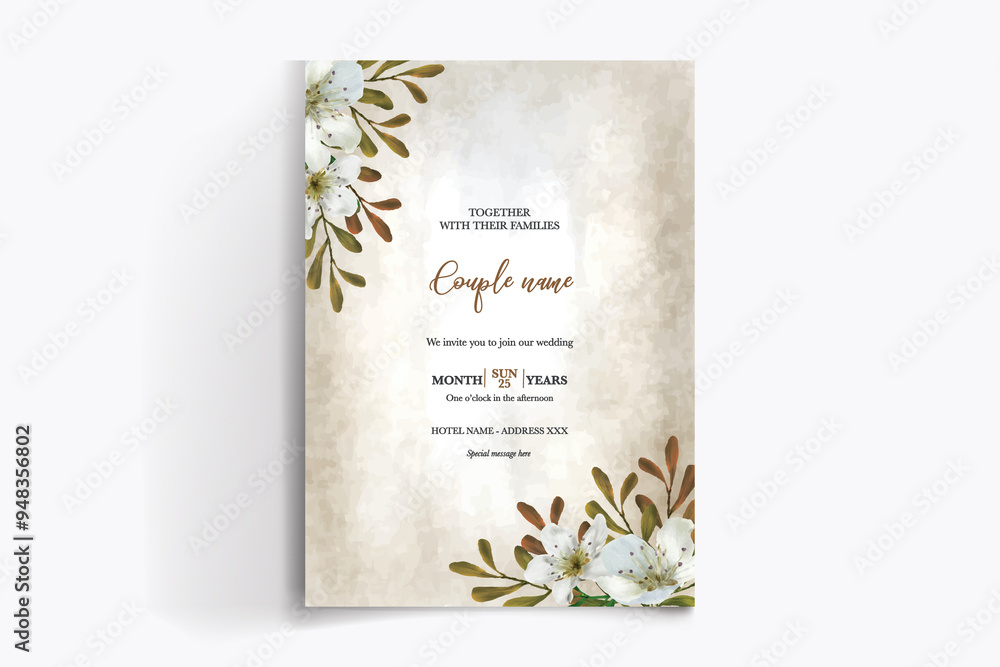 WEDDING INVITATION FRAME WITH FLOWER DECORATIONS WITH FRESH LEAVES WEDDING INVITATION FRAME WITH FLOWER DECORATIONS WITH FRESH LEAVES