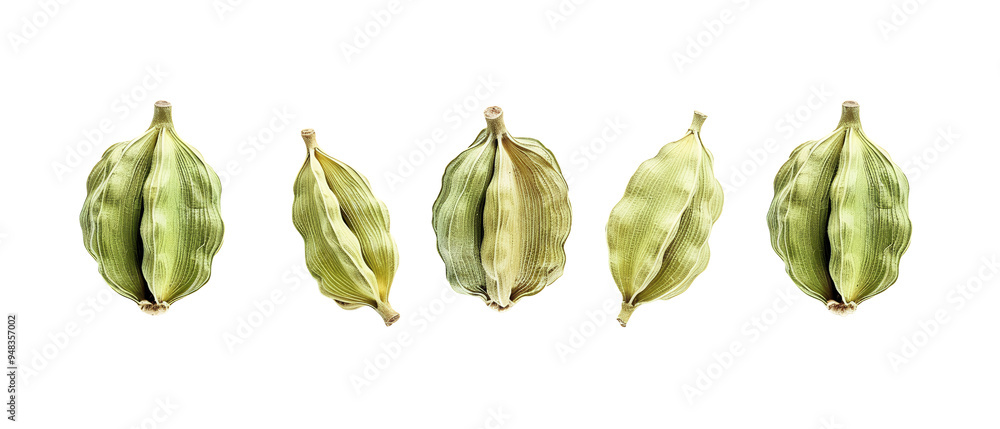 Five green cardamom pods isolated on a black background. Five green cardamom pods isolated on a black background.