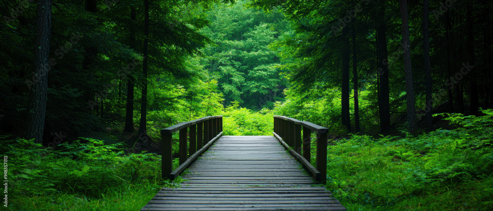 Obraz premium A serene wooden bridge in a lush green forest, surrounded by dense trees. A peaceful and tranquil natural landscape.