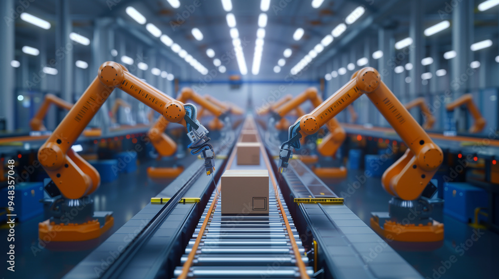 Automated conveyor belt with robotic arms in a modern industrial facility Automated conveyor belt with robotic arms in a modern industrial facility