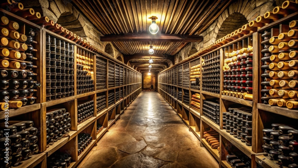 A dimly lit wine cellar with rows of aging bottles A dimly lit wine cellar with rows of aging bottles