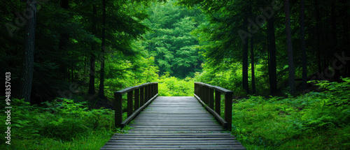 A serene wooden bridge in a lush green forest, surrounded by dense trees. A peaceful and tranquil natural landscape.