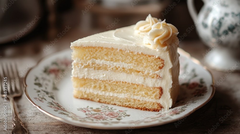 A slice of vanilla sponge cake with layers of cream, elegantly presented on a ceramic plate with floral design. A slice of vanilla sponge cake with layers of cream, elegantly presented on a ceramic plate with floral design.