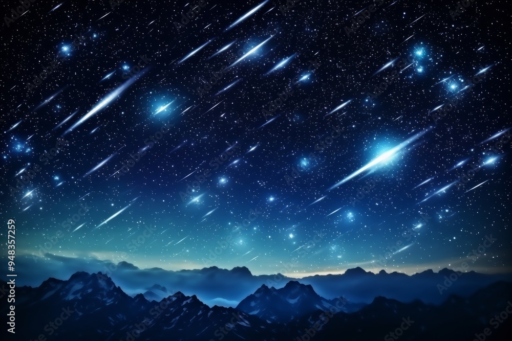 A stunning night sky filled with shooting stars over mountains during a meteor shower in a serene, remote location