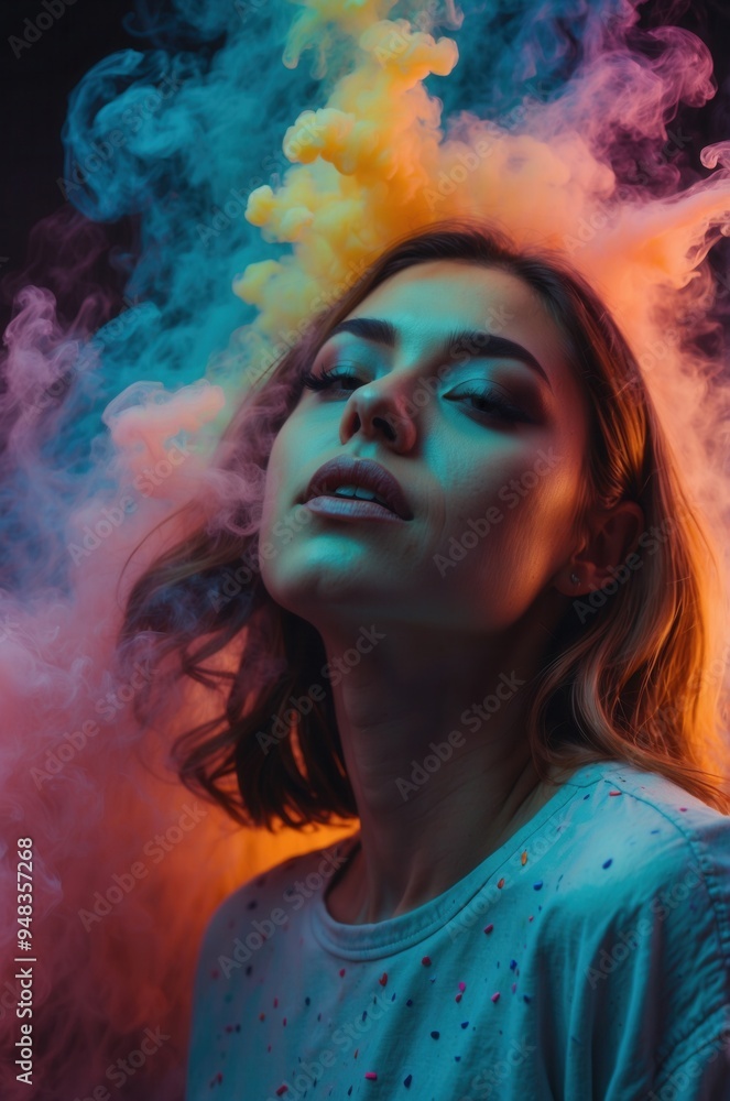 A woman is standing in front of a cloud of smoke A woman is standing in front of a cloud of smoke