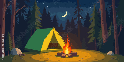 vector illustration of camping tent and bonfire in the woods at night. Camp fire vector illustration.