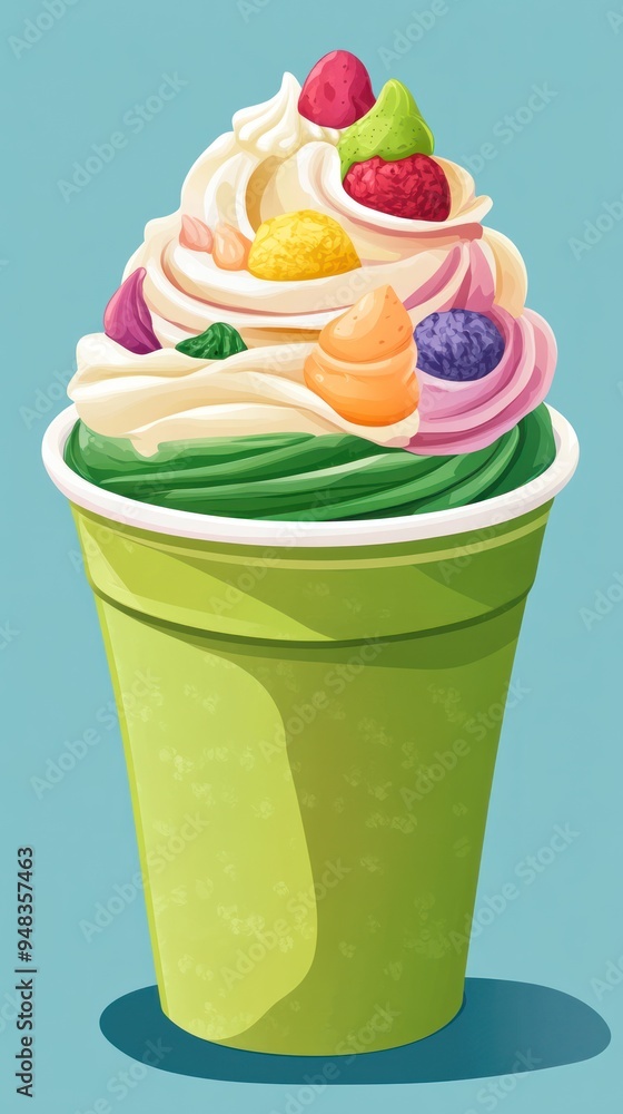 A green cup with a swirl of vanilla soft serve ice cream, topped with colorful candies, raspberries, and a green leaf. A green cup with a swirl of vanilla soft serve ice cream, topped with colorful candies, raspberries, and a green leaf.