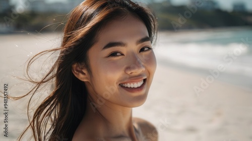 A Asian woman with long hair is smiling at the camera on a beach