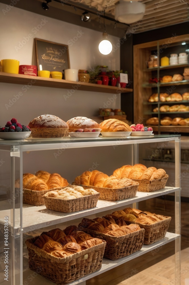 A bakery with a variety of pastries and breads on display A bakery with a variety of pastries and breads on display