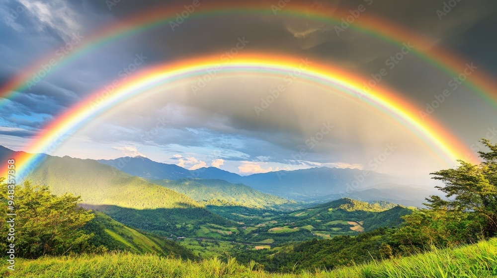 A breathtaking double rainbow arching over a lush green valley, with vibrant colors against a cloudy sky after a summer rain. A breathtaking double rainbow arching over a lush green valley, with vibrant colors against a cloudy sky after a summer rain.