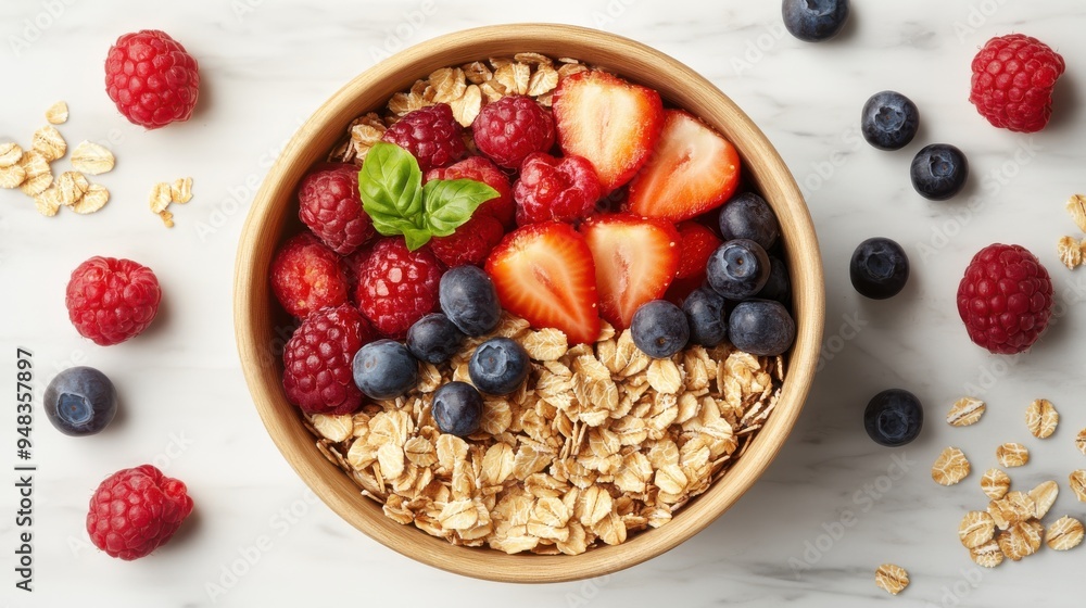 A bowl of fruit and oatmeal with berries and raspberries A bowl of fruit and oatmeal with berries and raspberries