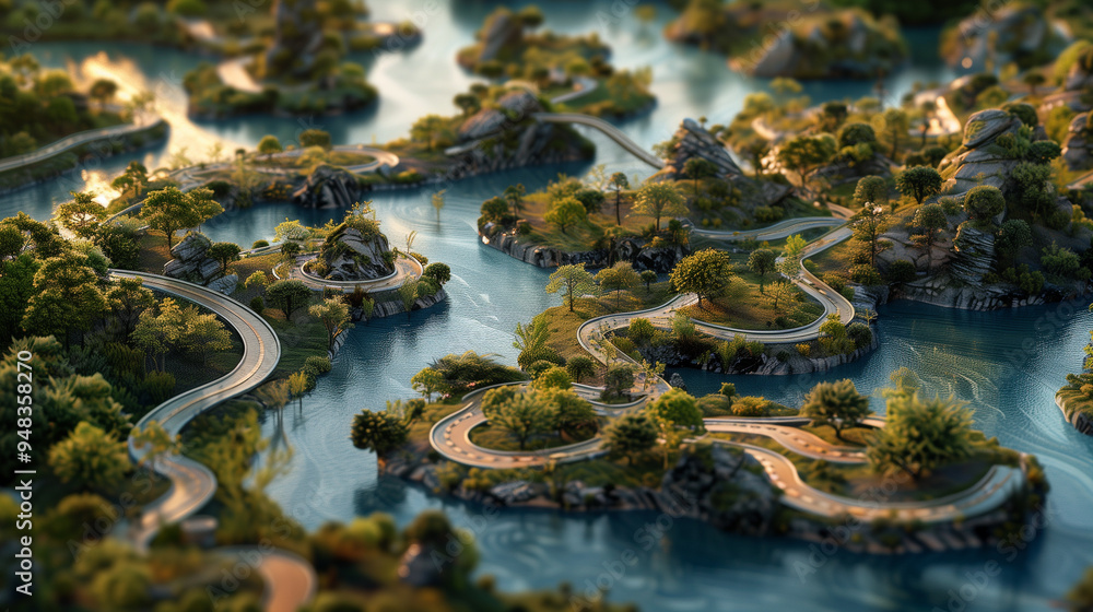Fototapeta premium Scenic aerial view of winding road through lush green islands and water in misty landscape.