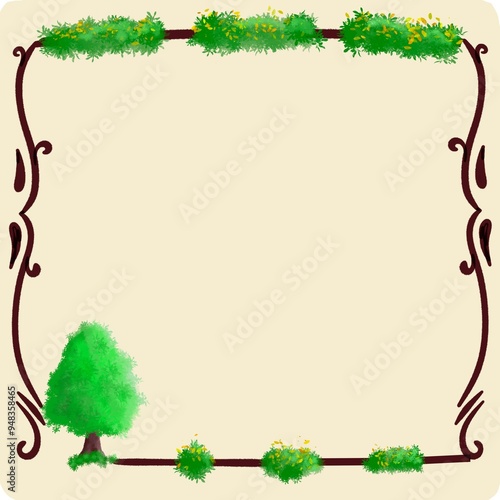 frame with a green tree and flowers. The frame is made of brown lines and is decorated with green vines and yellow flowers Watercolor style.