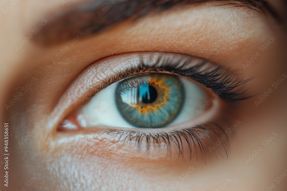 Fototapeta premium A detailed close-up of a human eye showcasing the vibrant blue tangential colors and sharp, well-defined eyelashes.