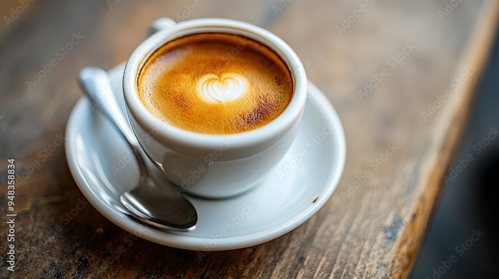 A close-up of a cup of freshly brewed espresso, with a rich crema on top, placed on a saucer with a spoon. A close-up of a cup of freshly brewed espresso, with a rich crema on top, placed on a saucer with a spoon.