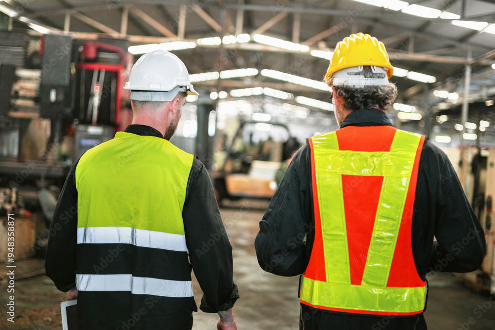 Two men wearing safety vests walk through a factory Two men wearing safety vests walk through a factory