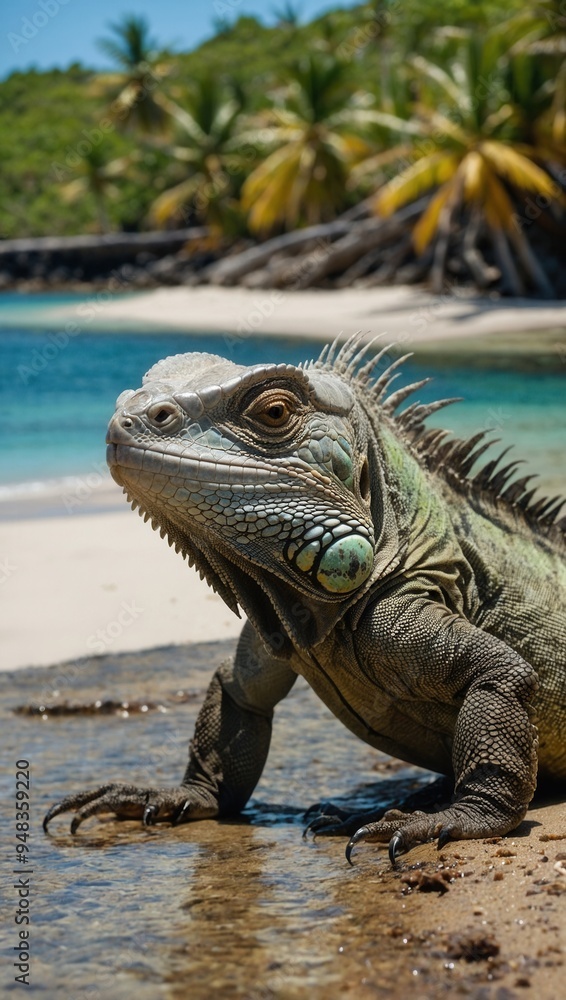 Obraz premium A lizard is standing on the beach next to a body of water