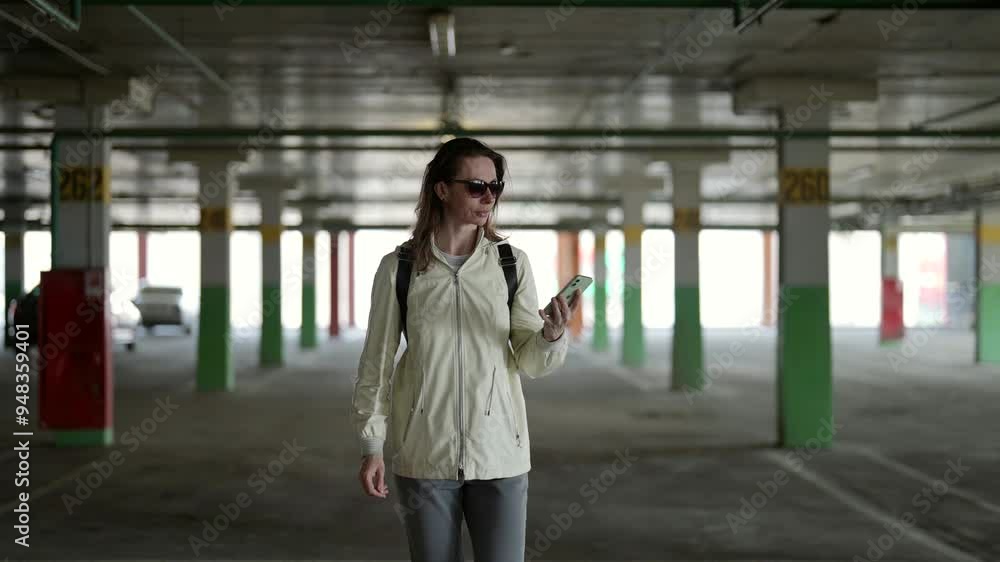 A woman in a light jacket with a backpack on her back walks through an empty multi-level parking lot. She is staring intently at the smartphone A woman in a light jacket with a backpack on her back walks through an empty multi-level parking lot. She is staring intently at the smartphone