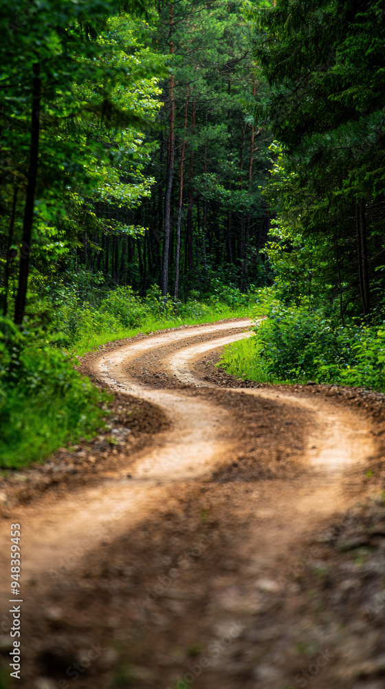 Fototapeta premium A winding dirt road through a lush green forest, surrounded by tall trees and rich foliage, leading into the tranquil wilderness.