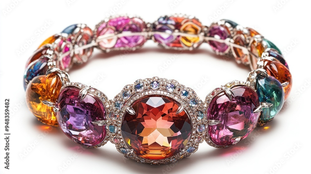 A colorful gemstone bracelet with a vibrant garnet centerpiece, elegantly displayed on a white background. A colorful gemstone bracelet with a vibrant garnet centerpiece, elegantly displayed on a white background.