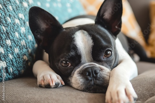 A close-up view of a small black and white dog resting on the sofa, portraying a cute and peaceful moment at home.