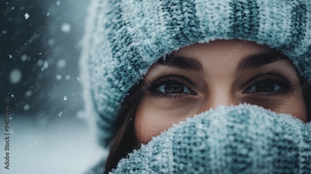 A comforting winter scene showing a woman in a snow-covered knitted hat, portraying the warmth and cold of the season. A perfect stock image for seasonal promotions. A comforting winter scene showing a woman in a snow-covered knitted hat, portraying the warmth and cold of the season. A perfect stock image for seasonal promotions.