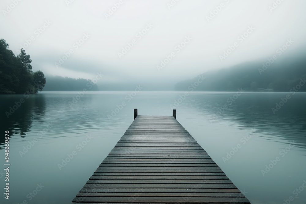 A wooden dock extends into a foggy lake, the still water and mist creating a peaceful, contemplative atmosphere at dawn. A wooden dock extends into a foggy lake, the still water and mist creating a peaceful, contemplative atmosphere at dawn.