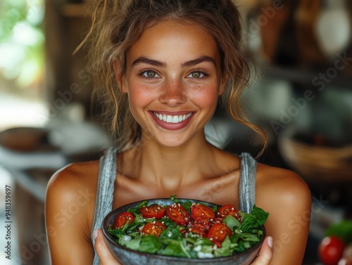 Smiling Woman Holding Fresh Salad in a Rustic Kitchen. Embracing Fitness, Diet, and Nutrition