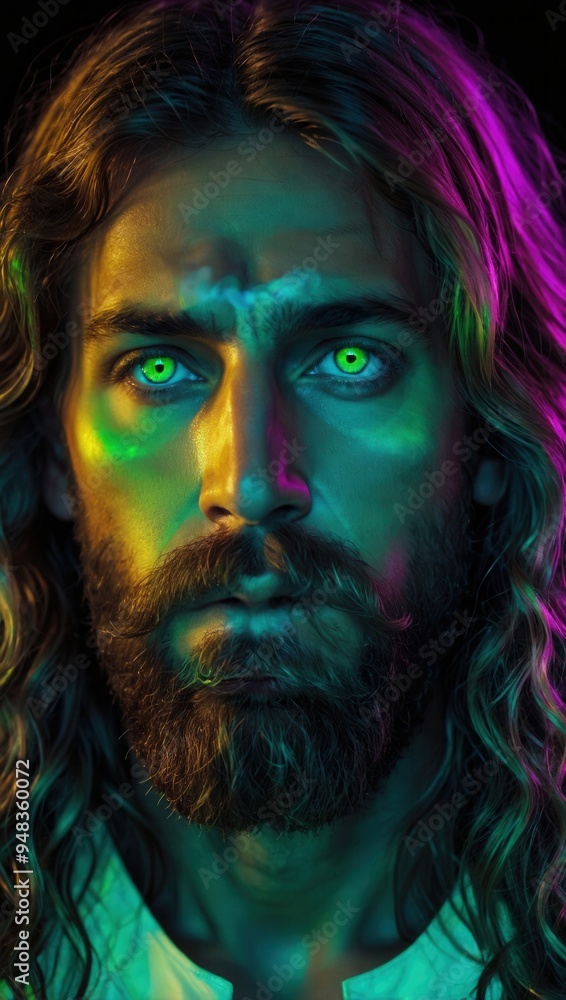 A man that looks like Jesus Christ with green eyes and a beard is staring at the camera A man that looks like Jesus Christ with green eyes and a beard is staring at the camera