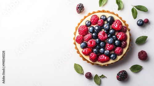 A delicious berry tart with raspberries, blueberries, and blackberries, decorated with fresh mint leaves on a white background.