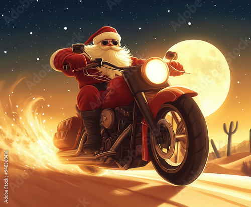 Santa Claus riding a motorcycle through the desert at night with a full moon in the background, spreading holiday cheer in an unconventional way.