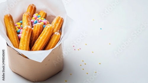 A close-up of a paper box filled with freshly fried churros sprinkled with sugar and colorful sprinkles.