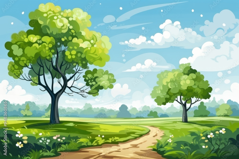 Obraz premium A serene landscape featuring green trees and a winding dirt path under a clear blue sky with fluffy clouds in the afternoon light