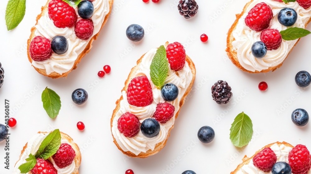 A flat lay of delicious pastries topped with whipped cream, raspberries, blueberries, and mint leaves on a white background. A flat lay of delicious pastries topped with whipped cream, raspberries, blueberries, and mint leaves on a white background.