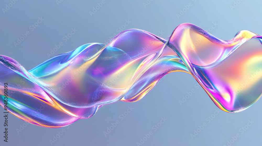 3D abstract liquid glass ribbon with a transparent, clear wave line. Features a rainbow fluid flow with dispersed light and a holographic gradient texture. Glossy design element in flight. 3D abstract liquid glass ribbon with a transparent, clear wave line. Features a rainbow fluid flow with dispersed light and a holographic gradient texture. Glossy design element in flight.