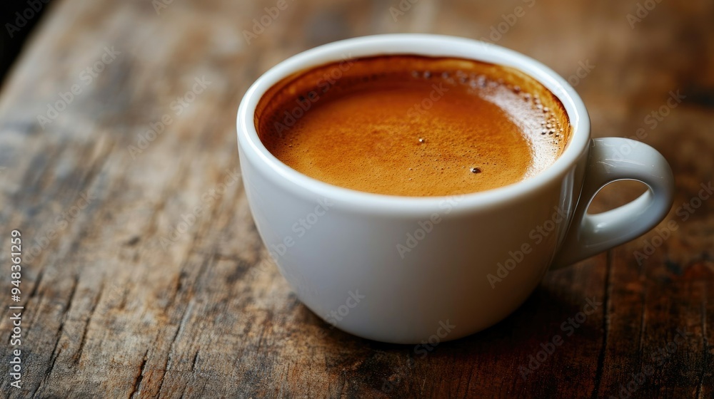 A freshly brewed espresso in a white cup, with a rich aroma wafting up, perfect for a morning pick-me-up. A freshly brewed espresso in a white cup, with a rich aroma wafting up, perfect for a morning pick-me-up.