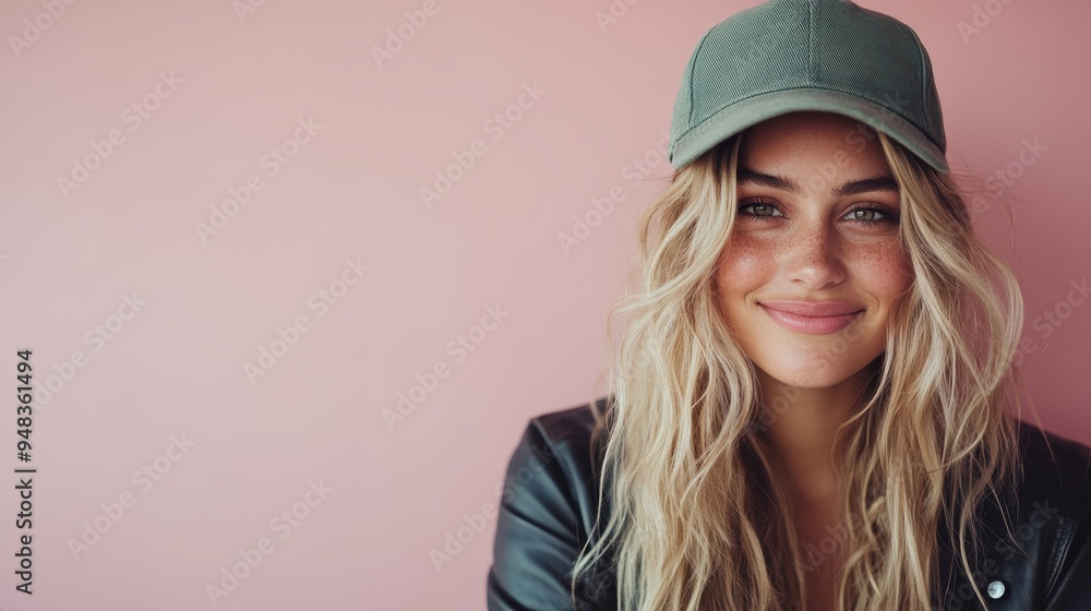 A cheerful young woman with open blonde hair, dressed in a leather jacket and green cap, smiling brightly against a light pink background, radiating positivity and happiness. A cheerful young woman with open blonde hair, dressed in a leather jacket and green cap, smiling brightly against a light pink background, radiating positivity and happiness.
