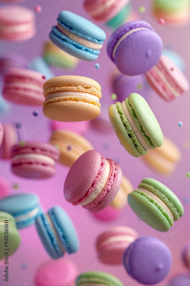Colorful and delightful Macarons Floated gracefully on a Vibrant and beautiful Background Colorful and delightful Macarons Floated gracefully on a Vibrant and beautiful Background