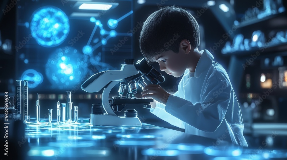 A child scientist working with a microscope, examining slides in a futuristic laboratory A child scientist working with a microscope, examining slides in a futuristic laboratory