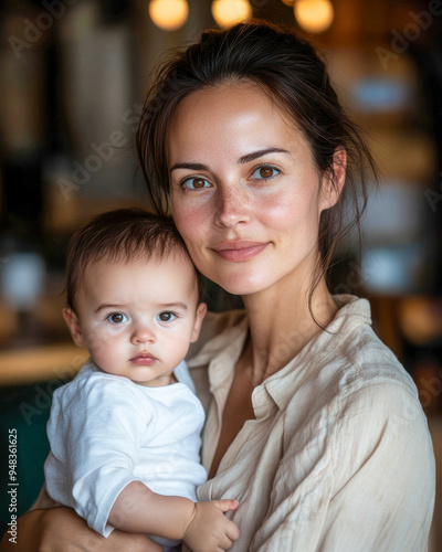 A mother lovingly holds her baby in a cozy café during a bright morning.