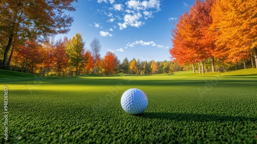 A golf ball on a lush green, surrounded by trees ablaze with autumn colors, under a crisp, clear sky photo