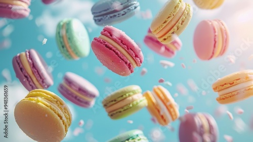 Wallpaper Mural A delightful display of colorful macarons gracefully flying through a bright blue sky Torontodigital.ca