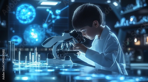 A child scientist working with a microscope, examining slides in a futuristic laboratory