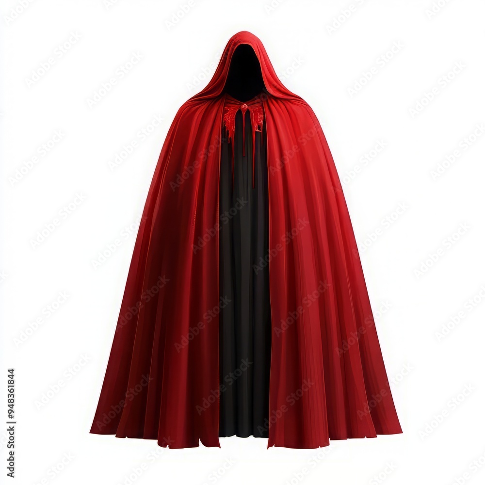 A flowing red cloak with a hood, blending elegance and mystery, perfect for storytelling, costumes, or theatrical performances.