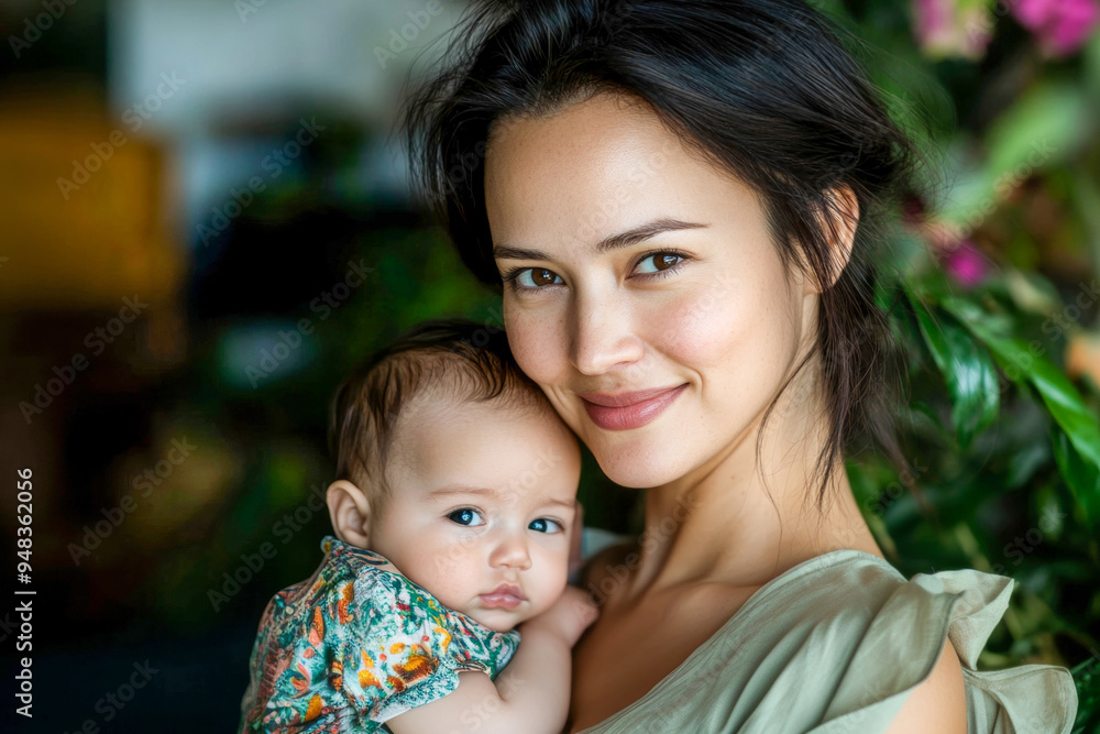 Obraz premium A mother lovingly cradles her infant child indoors surrounded by lush greenery during a bright serene afternoon.