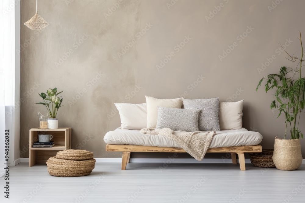 Cozy living room with a neutral color palette featuring a wooden sofa, soft pillows, and indoor plants in a modern home Cozy living room with a neutral color palette featuring a wooden sofa, soft pillows, and indoor plants in a modern home