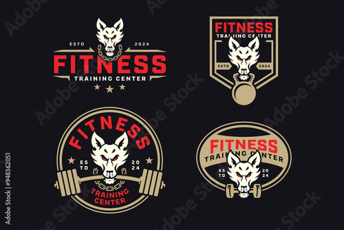 fox, jackal, tod with power bar, barbell and kettlebell badge logo design collection for fitness, gym, bodybuilding, weightlifting club
