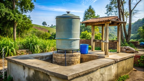 Ceramic water filter system sits atop a concrete well in a rural village, providing clean drinking water and promoting public health and hygiene standards.