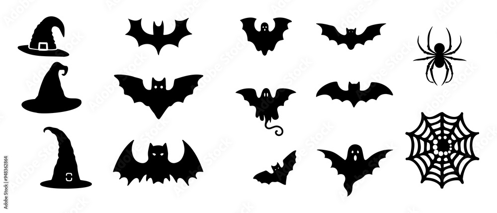 Halloween silhouettes. Bat, spider, spider web, witch hat, ghost black filled vector Illustration icon Halloween silhouettes. Bat, spider, spider web, witch hat, ghost black filled vector Illustration icon