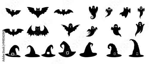 Halloween silhouettes. Hat, ghost and bat black filled vector Illustration icon